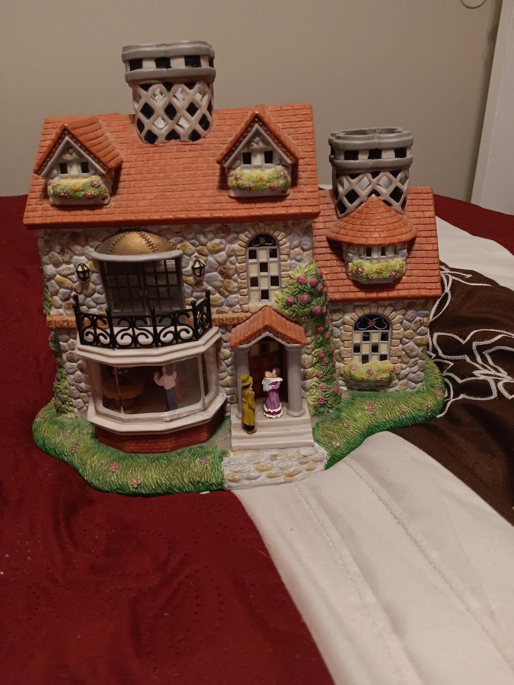PartyLite Orange Roof Stone Cottage Figurine with Green Base
